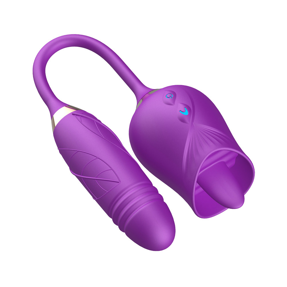 VIBRADOR DUPLO FORMATO DE ROSA COM LÍNGUA E PENETRADOR COM MOVIMENTO DE VAI E VEM - IMPORTAÇÃO VB124