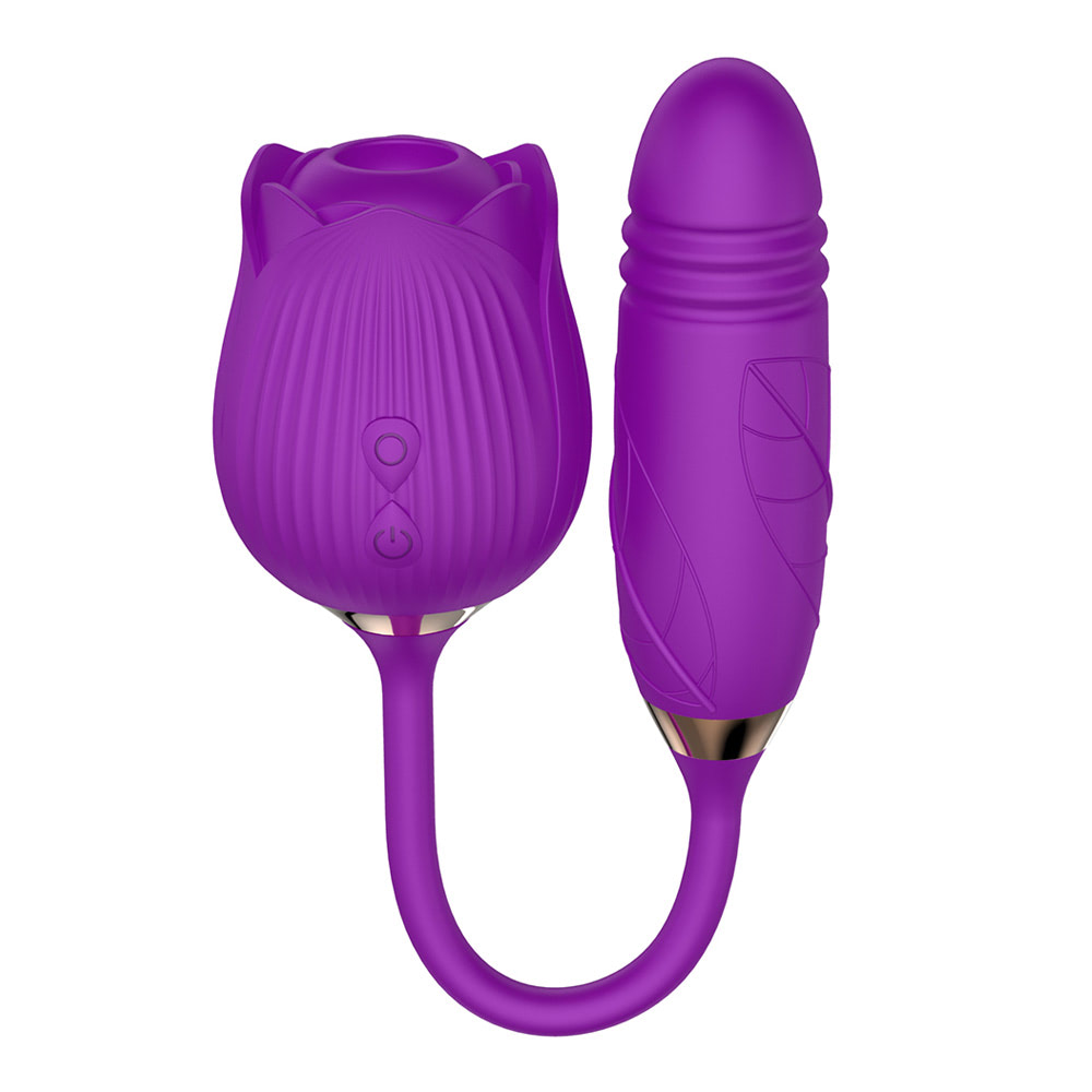 VIBRADOR DUPLO FORMATO DE ROSA COM SUCÇÃO E PENETRADOR COM MOVIMENTOS VAI E VEM COM 10 MODOS DE VIBRAÇÃO RS-037