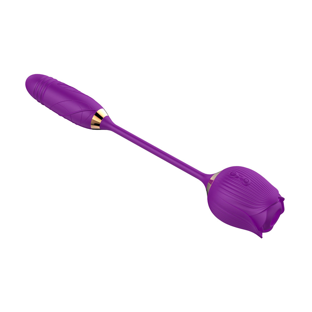 VIBRADOR DUPLO FORMATO DE ROSA COM SUCÇÃO E PENETRADOR COM MOVIMENTOS VAI E VEM COM 10 MODOS DE VIBRAÇÃO RS-037