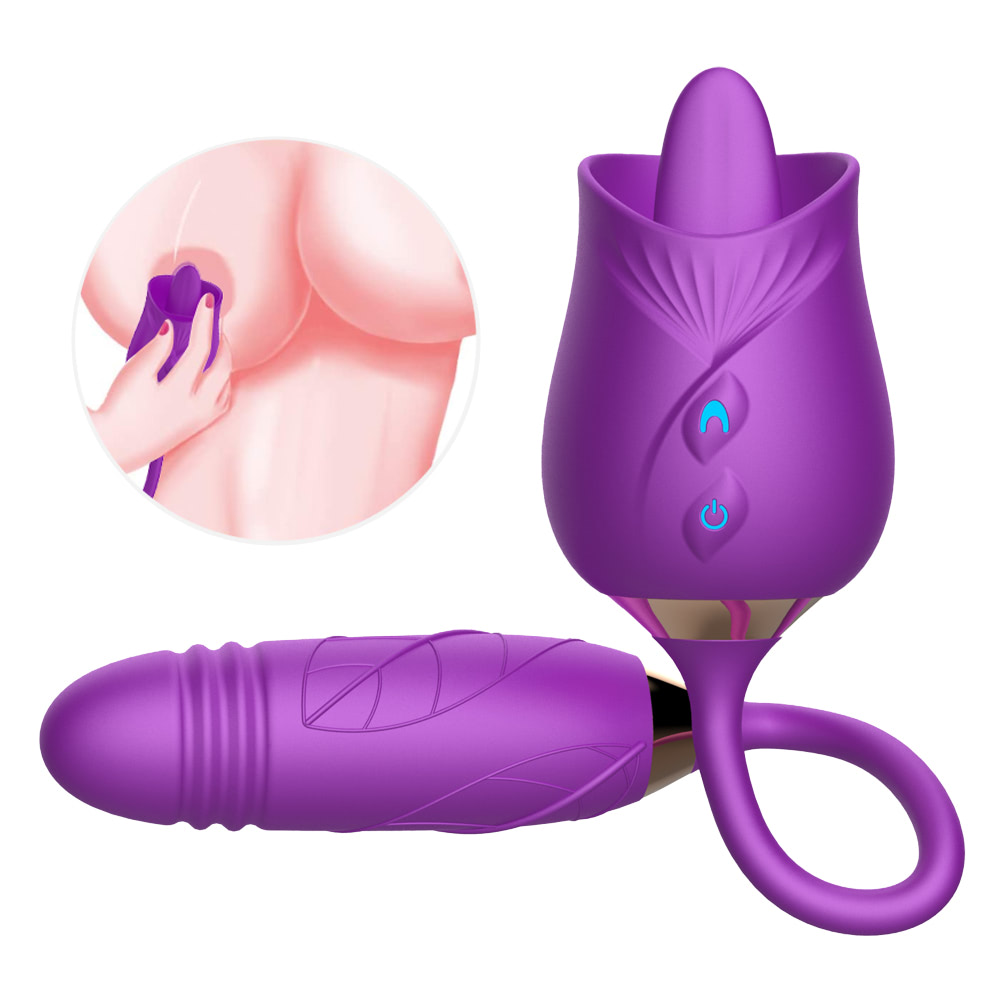 VIBRADOR DUPLO FORMATO DE ROSA COM LÍNGUA E PENETRADOR COM MOVIMENTO DE VAI E VEM - IMPORTAÇÃO VB124